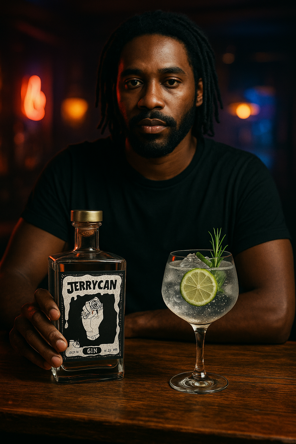 Barman présentant une bouteille de gin Jerrycan et un cocktail dans l'ambiance tamisée d'un bar bordelais. - réalisé par Agence Kulte