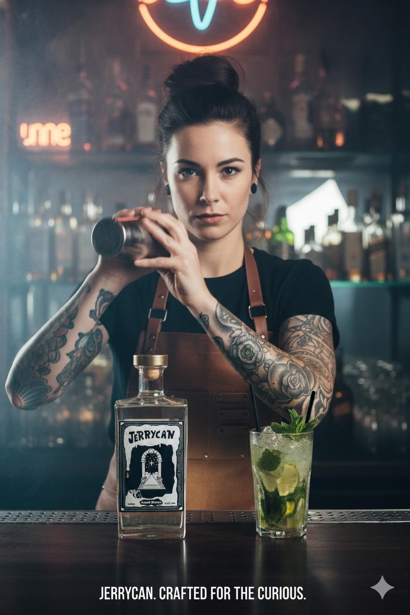 Barmaid tatouée avec shaker et bouteille de Rhum Blanc Jerrycan, cocktail mojito et ambiance néon dans un bar bordelais. - réalisé par Agence Kulte