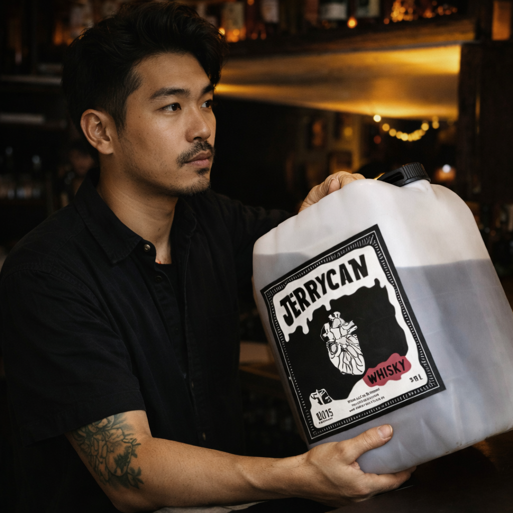 Barman tenant un jerrycan de whisky de 38 litres, format vrac réutilisable pour le secteur CHR. - réalisé par Agence Kulte