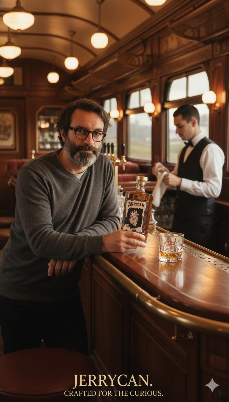 Portrait d'un professionnel·le du CHR présentant une bouteille de whisky Jerrycan dans un décor de wagon-bar. - réalisé par Agence Kulte